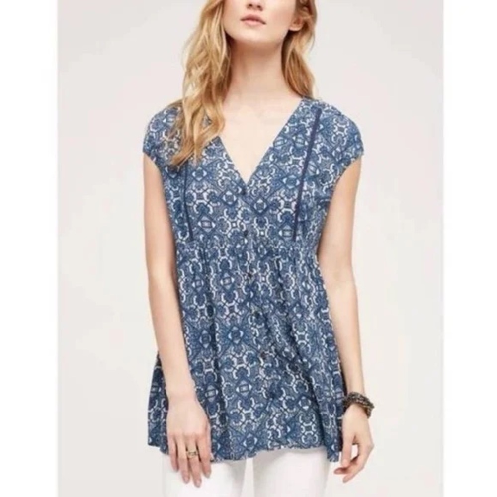 Vanessa Virginia for Anthropologie V-Neck Ladder Lace Tunic Top Boho Chic Flowy